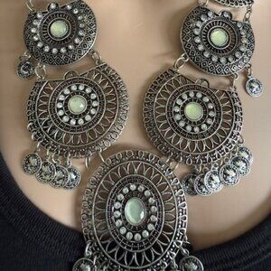 Dramatic Silver Tiered Necklace with Faux Jewels